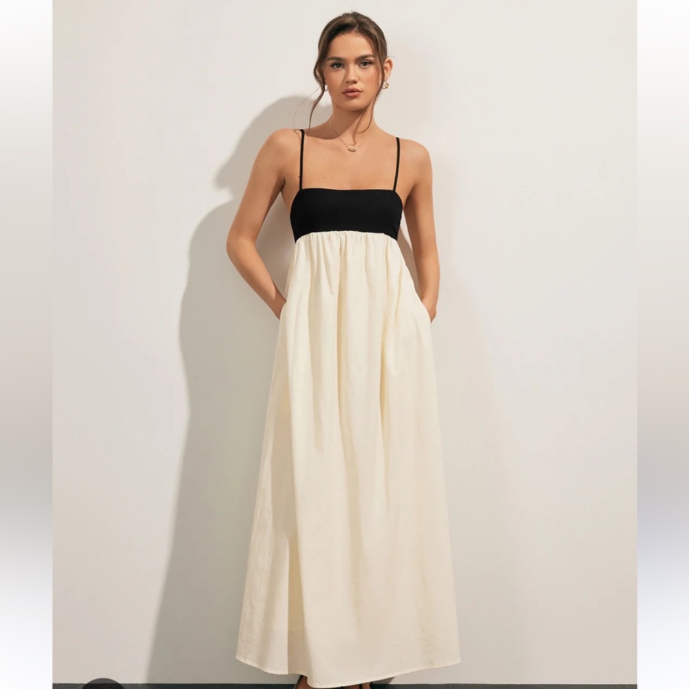 NWT Commense Open Back Contrast Pocket Long Dress, Small